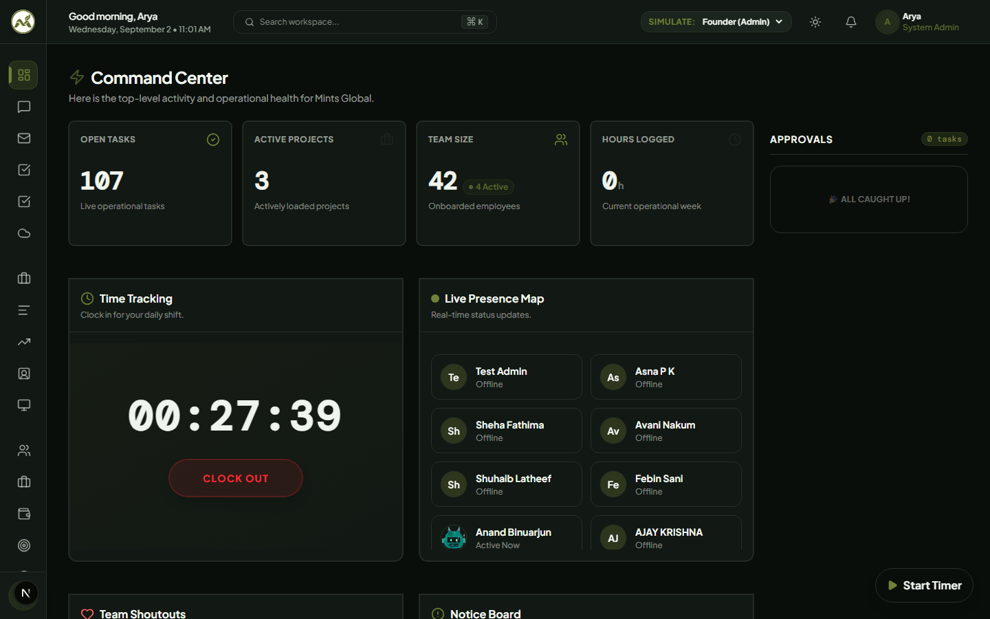 Mints Global ERP Command Center Dashboard Interface (Signature Dark Theme)
